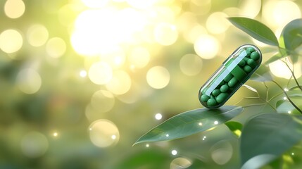Green Capsule Resting on Lush Green Leaves