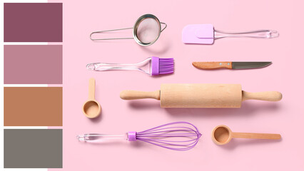 Baking utensils on pink background