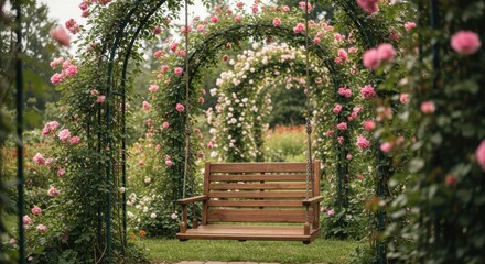 Fototapeta premium Wooden Swing Bench in a Romantic Rose Garden