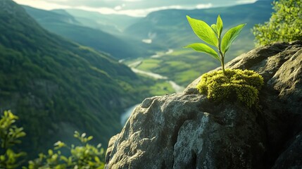 Young plant growing on a rock overlooking a valley