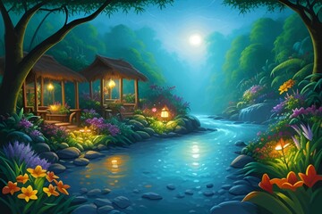 Obraz premium Beautiful and Peaceful Nature Scenery Illustration Landscape Countryside Tranquil Vibrant and Colorful