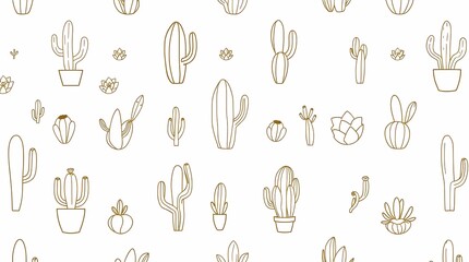 A minimalist seamless pattern featuring simple line drawings of cacti and succulents in various shades of green and brown, using a clean, uncluttered line art style, with a repeating p.