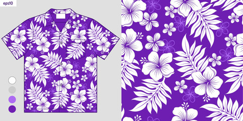 Seamless purple hibiscus floral pattern on Hawaiian shirt mockup, inspired Aloha summer fashion, elegant tropical vector design for beachwear, summer clothing, and casual wear, not AI-generated