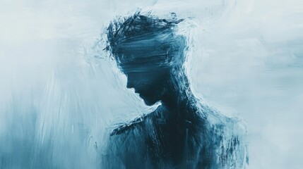 Ethereal silhouette of a figure against a soft blue abstract background, representing themes of introspection, creativity, and emotional depth in a modern art style.