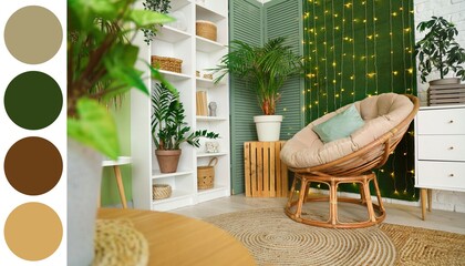 Interior of living room with armchair, green plants and glowing lights. Different color patterns