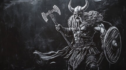 Viking warrior with flowing cape battle axe in hand horned helmet raised in powerful pose scratch board