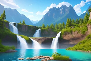 Fototapeta premium Beautiful and Peaceful Nature Scenery Illustration Landscape Countryside Tranquil Vibrant and Colorful