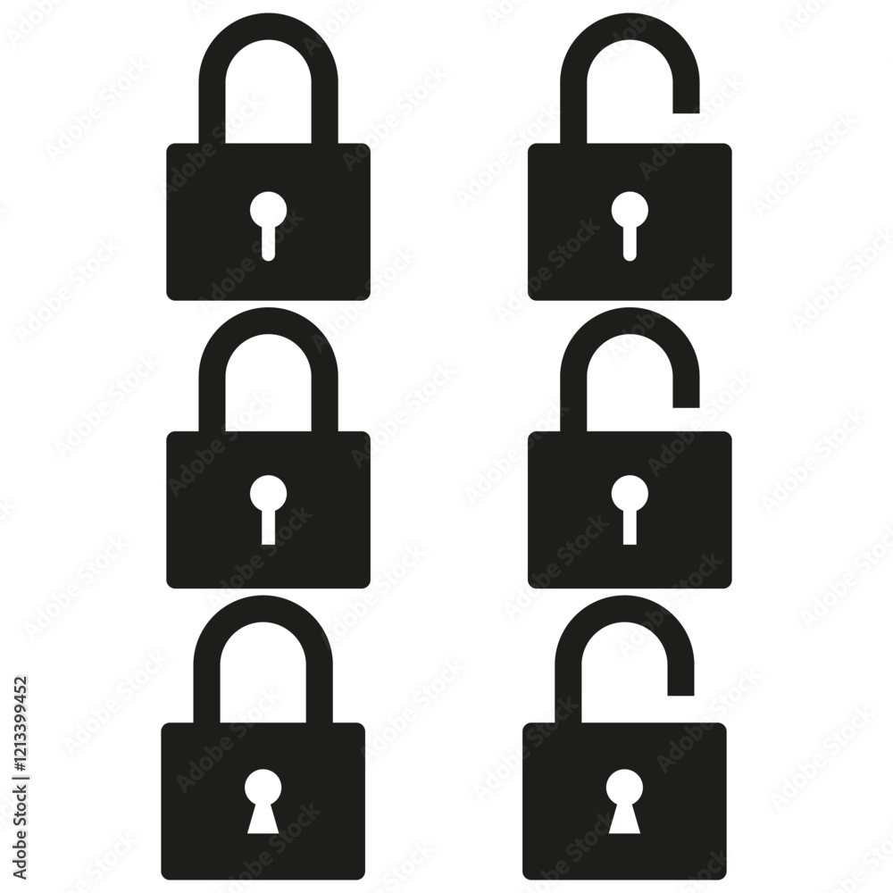 Poster padlock set icons. secure lock shapes. open and closed locks. vector graphic.