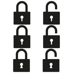 Padlock set icons. Secure lock shapes. Open and closed locks. Vector graphic.