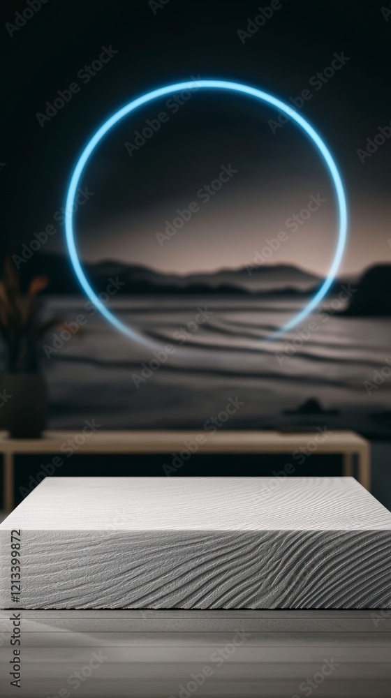 Poster modern minimalist product display platform with neon circle and landscape background