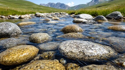 Mountain stream flows over smooth rocks. Background mountains and grassland. Nature photography for travel brochures