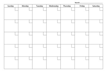 Monthly calendar layout. Blank grid template. Simple weekly vector. Minimal black and white.