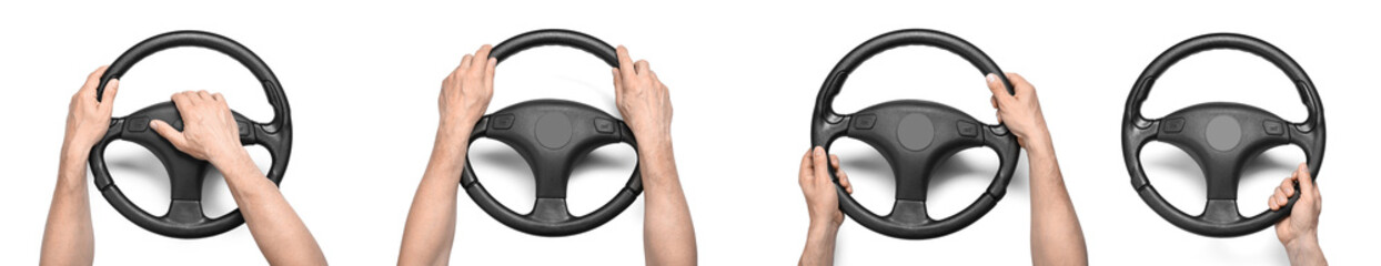 Set of hands with steering wheels on white background