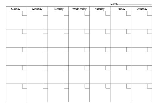 Monthly calendar layout. Blank grid template. Simple weekly vector. Minimal black and white.