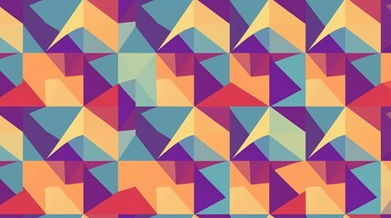 Fototapeta premium A repeating geometric seamless pattern featuring vibrant jewel-toned triangles and squares, rendered in a vector art style with high contrast and sharp lines, exhibiting a bold and pla.