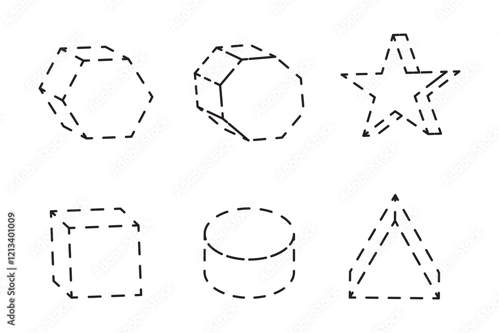 Poster dashed geometric shapes. hexagon star cube triangle. minimal outline vector. abstract black design.