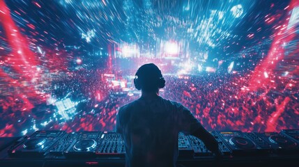 A DJ stands before a massive electronic dance music crowd, bathed in neon blue and red lights with a visual explosion of digital particles surrounding him.