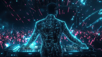 A DJ wearing a glowing cybernetic suit with intricate wiring connects to a futuristic soundboard, blending human and machine in a neon-lit concert environment.