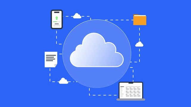 cloud storage animation connects phone laptop documents and folder data. Suitable for websites, blogs, and presentations discussing cloud storage and data management solutions for mobile devices and