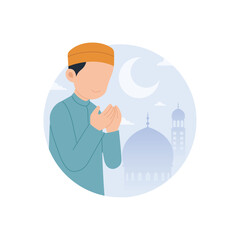Muslim man praying with mosque and crescent cut out background