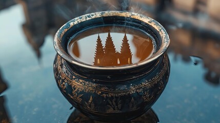 Temple Reflection In Steaming Ceremonial Bowl