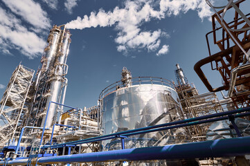 The distillation column at a modern chemical plant under a clear blue sky with steam rising,...