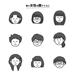 いろいろな女性の顔シンプルアイコン＿モノクロ