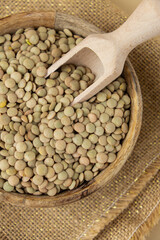 Raw green lentil Gluten free cereals. Health gut benefits. Concept of alternative whole spelt grain ingredient. Vegetarian diet recipes. Plant-based lifestyle. Copy space Protein rich eating 