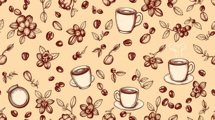 A rustic seamless pattern featuring hand-drawn illustrations of coffee beans and coffee cups, rendered in warm sepia tones, with a vintage aesthetic and a detailed illustrative style, .