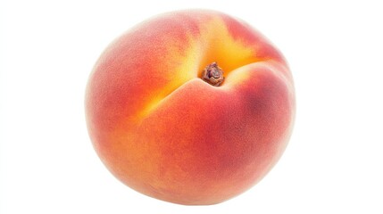 A ripe succulent peach with velvety skin, Its golden hue glowing under the soft light, Set against an isolated white background to highlight its natural sweetness 