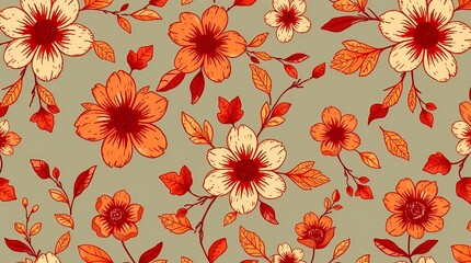 A rustic seamless pattern of hand-drawn flowers and leaves in warm autumnal tones of reds, oranges, and browns, utilizing a textured, rough style with visible imperfections, showcasing.