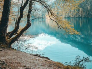 Serene Lake Scene with Hiking Trail and Trees in Spring