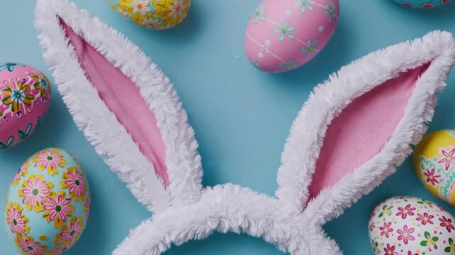 Easter bunny ears on a blue background with painted eggs. Loop, Copy Paste Concept