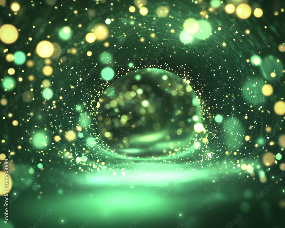 Poster abstract green and gold particle field with central sphere
