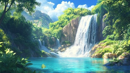 Serene Waterfall Paradise: A Lush Tropical Oasis