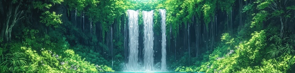 Serene Majestic Waterfall in Lush Green Forest Landscape Capturing Tranquil Nature Beauty Pristine Wilderness Refreshing Cascading Waters Dreamlike Scenery
