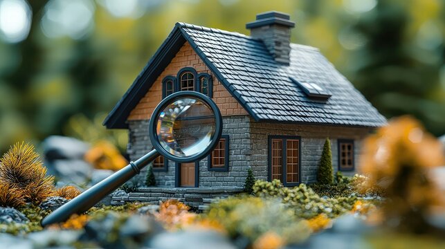 Magnifying Glass Examining a Stone House Model