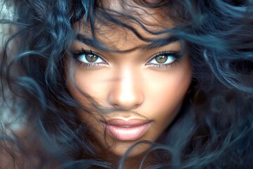 Fototapeta premium Lovely happy black girl - for ads, banner and social media use. Long hairdo - curly hair. Commercial ad idea. Black portrait advertising. Beauty concept shoot. Black advertising style.