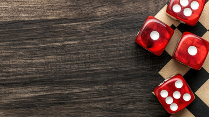 A close-up of red dice displayed on a wooden board, emphasizing the numbers and textures in a game setting.