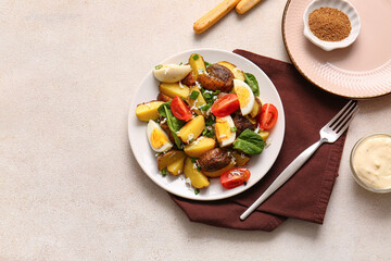 Composition with tasty potato salad on light background