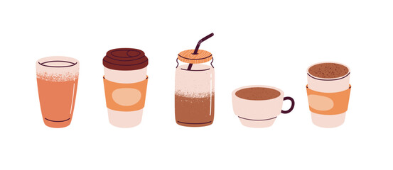 Set of cups with coffee drinks. Coffee in paper and glass mugs