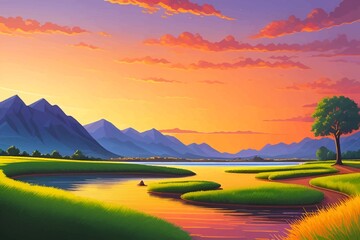 Beautiful and Peaceful Nature Scenery Illustration Landscape Countryside Tranquil Vibrant and Colorful
