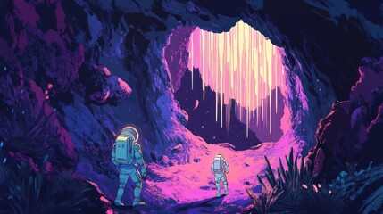Fototapeta premium Astronauts Exploring a Bioluminescent Cave on an Alien Planet