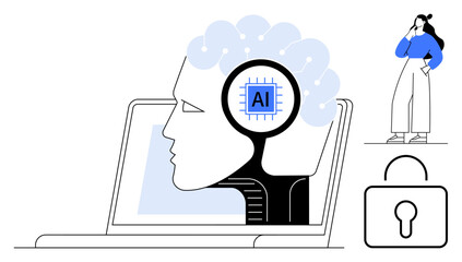 Human face with AI microchip inside laptop, person contemplating, locked padlock. Ideal for technology, artificial intelligence, cybersecurity, innovation, privacy, digital transformation machine