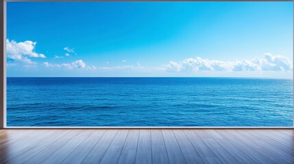 Expansive ocean view from a modern interior space with wooden flooring and bright sky