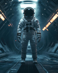 Astronaut Preparing for Space Mission in Dark Corridor