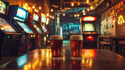 Two Beers Resting On A Table In An Arcade