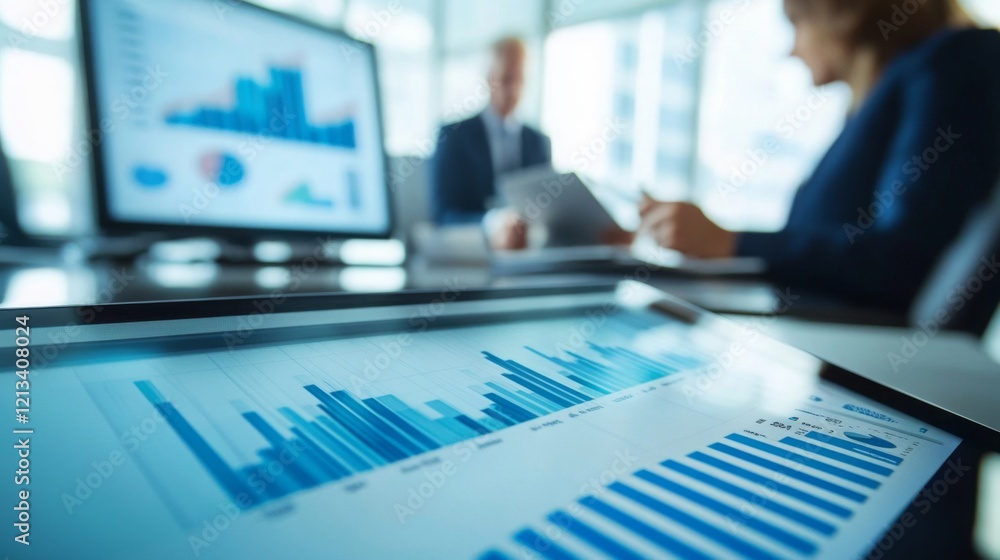 Aufkleber in a modern office setting, a professional woman discusses data trends with a colleague, focusing on
