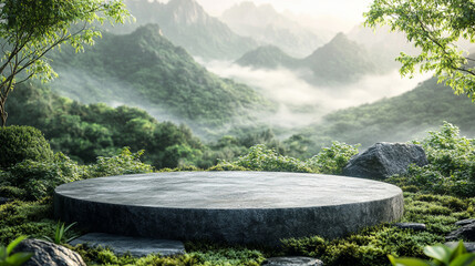 Fototapeta premium A stone podium for product display, with a background of green tea leaves and a mountain 
