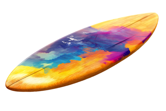 A wooden surfboard with a colorful design, cut out. Isolated on transparent or white background